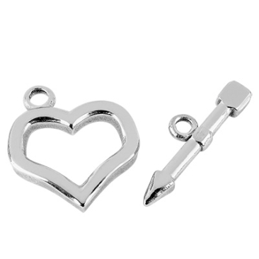 Stainless steel toggle clasp, heart, silver-coloured, heart: 20x18x3 mm, eye: 2 mm, toggle: 23.5x7x3 mm, eye: 1.8 mm