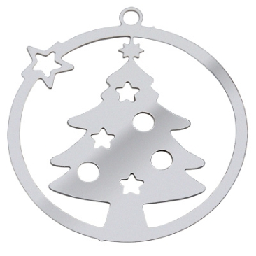 Roestvrij stalen hanger rond met kerstboom, zilverkleurig, 22x20x0,3 mm, lus: 1,2 mm
