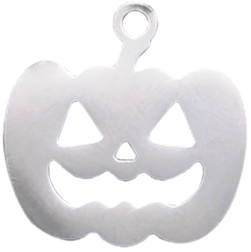 Halloween stainless steel pendant, pumpkin, silver-coloured, 15x14.5x1 mm, loop: 1.5 mm