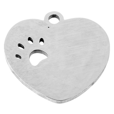 Stainless steel pendant heart with paw, silver-coloured, 16x16.5x0.9 mm, loop: 1.6 mm