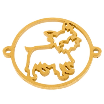 Roestvrij stalen armband connector hond, goudkleurig, 15x18x1 mm, lus: 0,8 mm
