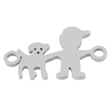 Stainless steel bracelet connector boy with dog, silver coloured, 10x16,5x1 mm, loop: 1,5 mm