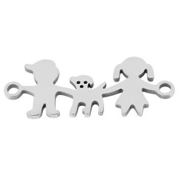 Stainless steel bracelet connector girl with boy and dog, silver coloured, 10x24x1 mm, loop: 1.5 mm