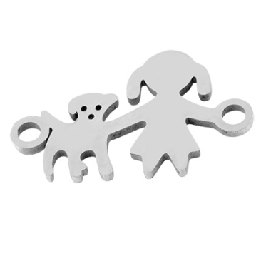 Stainless steel bracelet connector girl with dog, silver coloured, 10x16,5x1 mm, loop: 1,5 mm