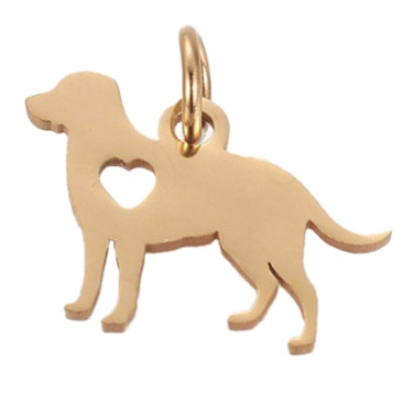 Stainless steel pendant dog with heart, gold-coloured, 11x15x1 mm, loop: 3 mm