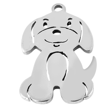 Stainless steel pendant dog, silver-coloured, 17x11x1 mm, loop: 1.2 mm