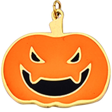 Halloween Edelstahl-Emailanhänger Kürbis, mit Öse, vergoldet, 23x24,5x1 mm