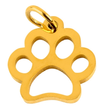 Stainless steel pendant, dog paw prints, gold-coloured, 13x12x1 mm, loop: 4 mm