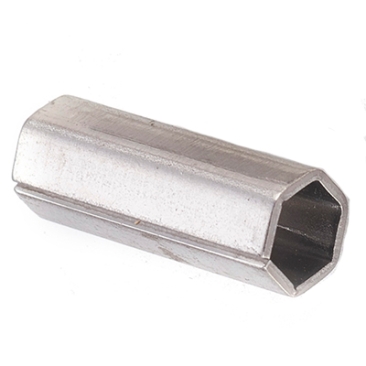 Stainless steel bead, tube hexagon, silver-coloured, 16x5.5x6 mm, hole: 4.5x5 mm
