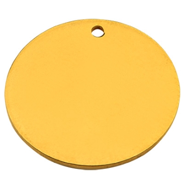 Stainless steel pendant, stamp blank, disc, gold-coloured, 20x1 mm, hole: 1 mm