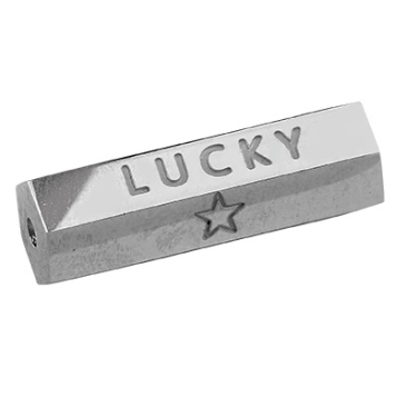 Stainless steel bead, hexagon with writing Lucky & star pattern, silver coloured, 19.5x6.5x6 mm, hole: 1.5 mm