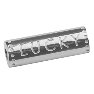 Stainless steel bead, tube with writing "Lucky", silver-coloured, 15x5 mm, hole: 1.8 mm