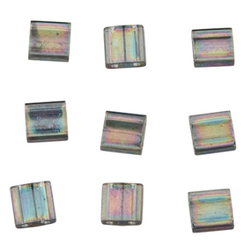 Perle Miyuki Tila Bead, 5 x 5 mm, couleur : dark transparent gray rainbow luster, tube d'environ 7,2 gr