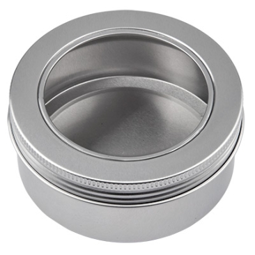 Aluminium tin with screw lid and window, 84 x 37.5 mm, capacity 150 ml, silver-coloured