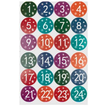 Adventskalendersticker Zahlen 1 bis 24, rund, Durchmesser 45 mm, 24 Aufkleber/ Bogen