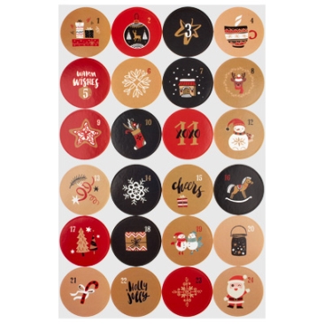 Adventskalender stickers nummers 1 tot 24, rond, diameter 45 mm, 24 stickers/vel
