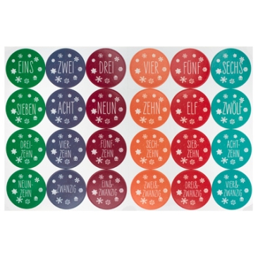 Autocollants calendrier de l'avent chiffres 1 à 24, rond, diamètre 45 mm, 24 autocollants/feuille
