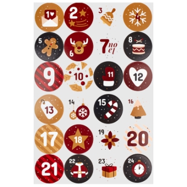 Adventskalender sticker nummers 1 tot 24, rond, diameter 45 mm, 24 stickers/vel