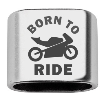 Tussenstukje met gravure "Born to ride" met motorfiets, 20 x 24 mm, verzilverd, geschikt voor 10 mm zeiltouw