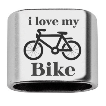 Tussenstukje met gravure "I love my bike", 20 x 24 mm, verzilverd, geschikt voor 10 mm zeiltouw