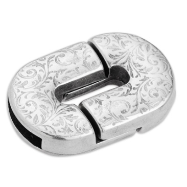 Oval magnetic clasp with flower pattern for 10 mm wide ribbons, 25 x 17 mm, silver-plated