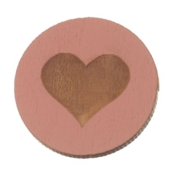 Holzcabochon, rund, Durchmesser 20 mm, Motiv Herz, rosa