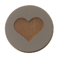 Holzcabochon, rund, Durchmesser 20 mm, Motiv Herz, grau