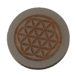 Holzcabochon, rund, Durchmesser 20 mm, Motiv Blume des Lebens, grau