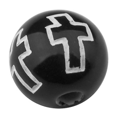 Plastikperle, Kugel schwarz mit weißem Kreuz, Durchmesser 8 mm