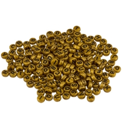 Kunststoffperle Buchstabe, runde Scheibe, 7 x 4 mm, goldfarben mit schwarzer Schrift, Mix mit 200 Perlen
