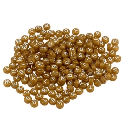 Kunststoffperle Buchstabe, runde Scheibe, 7 x 4 mm, goldfarben mit weißer Schrift, Mix mit 200 Perlen