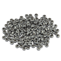 Kunststoffperle Buchstabe, runde Scheibe, 7 x 4 mm, silberfarben mit schwarzer Schrift, Mix mit 200 Perlen
