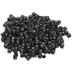 Kunststoffperle Buchstabe,, Würfel, schwarz mit weißer Schrift, 6 x 6 mm, Mix 50 g (ca. 380 Perlen)