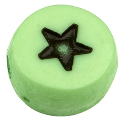 Kunststoffperle Stern, runde Scheibe,hellgrün mit schwarzem Symbol, 7 x 3,5 mm