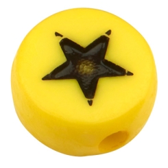 Kunststoffperle Stern, runde Scheibe,hellgelb mit schwarzem Symbol, 7 x 3,5 mm