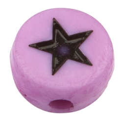 Kunststoffperle Stern, runde Scheibe,flieder mit schwarzem Symbol, 7 x 3,5 mm