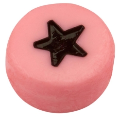 Kunststoffperle Stern, runde Scheibe,rosa mit schwarzem Symbol, 7 x 3,5 mm
