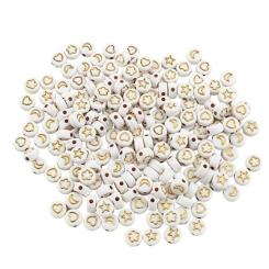 Kunststoffperlen runde Scheibe mit verschiedenen Symbolen,weiß mit goldfarbenen Symbolen, 7 x 4 mm, Bohrung: 1,6 mm, Mix mit ca. 200 Perlen