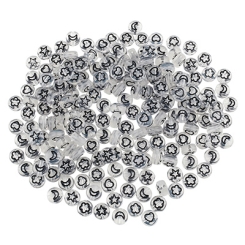 Mix Kunststoffperlen runde Scheibe,transparent mit schwarzen Symbolen: Mond,Herz, Blume & Stern, 7 x 4 mm