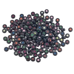 Mix Kunststoffperlen runde Scheibe,schwarz mit bunten Sternen, 7 x 3,5 mm