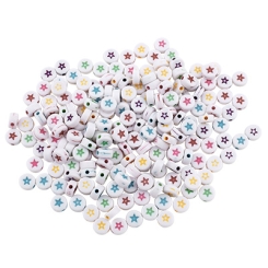 Mix Kunststoffperlen runde Scheibe,weiß mit bunten Sternen, 7 x 3,5 mm