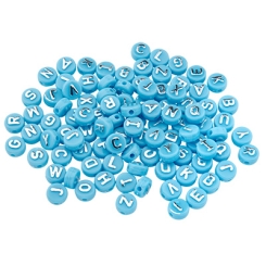 Mix Kunststoffperlen runde Scheibe mit Buchstaben, hellblau mit silberfarbener Schrift, 10 x 6 mm