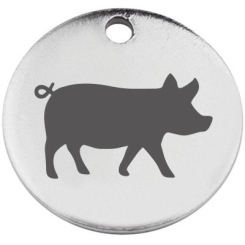 Edelstahl Anhänger, Rund, Durchmesser 15 mm, Motiv "Schwein", silberfarben