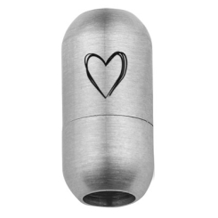 Edelstahl Magnetverschluss für 5 mm Bänder, Verschlussgröße 18,5 x 9 mm, Motiv Herz, silberfarben