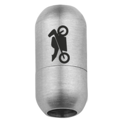 Edelstahl Magnetverschluss für 5 mm Bänder, Verschlussgröße 18,5 x 9 mm, Motiv Motorrad, silberfarben