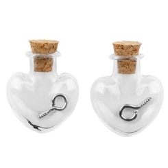 Mini Glasflaschen, 19 x 10 x 24 mm, Herz, mit Korkenverschluss und Aufhängeöse, 2 Stück