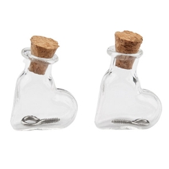 Mini Glasflaschen, 19 x 9 x 25 mm, Herz, mit Korkenverschluss und Aufhängeöse, 2 Stück