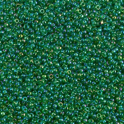 15/0 Miyuki Rocailles beads, round (approx. 1,5 mm), colour: Transparent Green AB , tube with approx. 8,2 grammes 