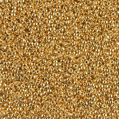 15/0 Miyuki Rocailles beads, round (approx. 1,5 mm), colour: 24 carat gold plated, tube with approx. 8,2 grammes 