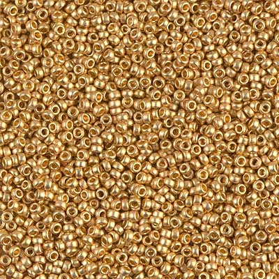 15/0 Miyuki Rocailles beads, round (approx. 1,5 mm), colour: matt 24 carat gold plated, tube with approx. 8,2 grammes 